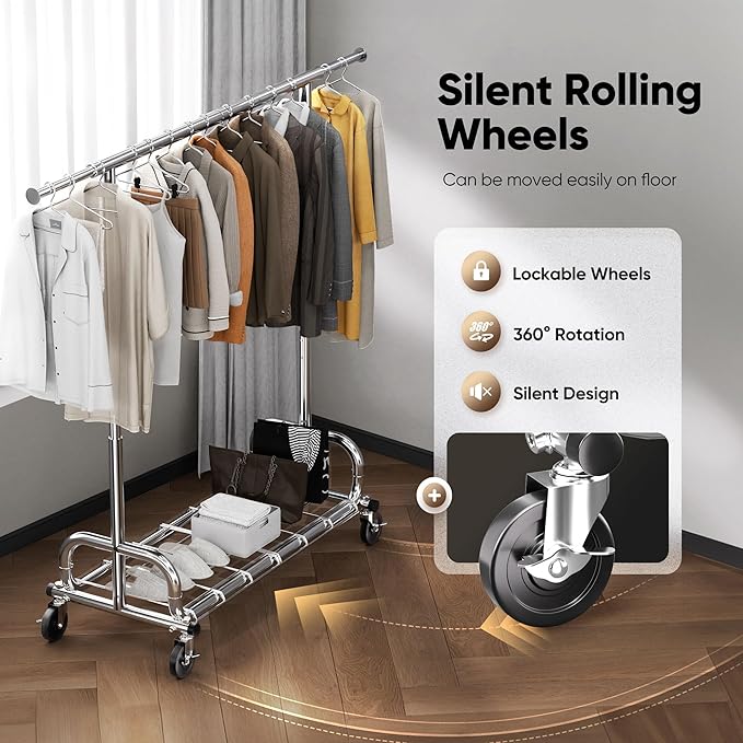 HOKEEPER Clothing Racks for Hanging Clothes Rack Heavy Duty Garment Rack, Portable Clothes Rack with Lockable Wheels, Adjustable Clothing Rack for Bedroom, Living Room