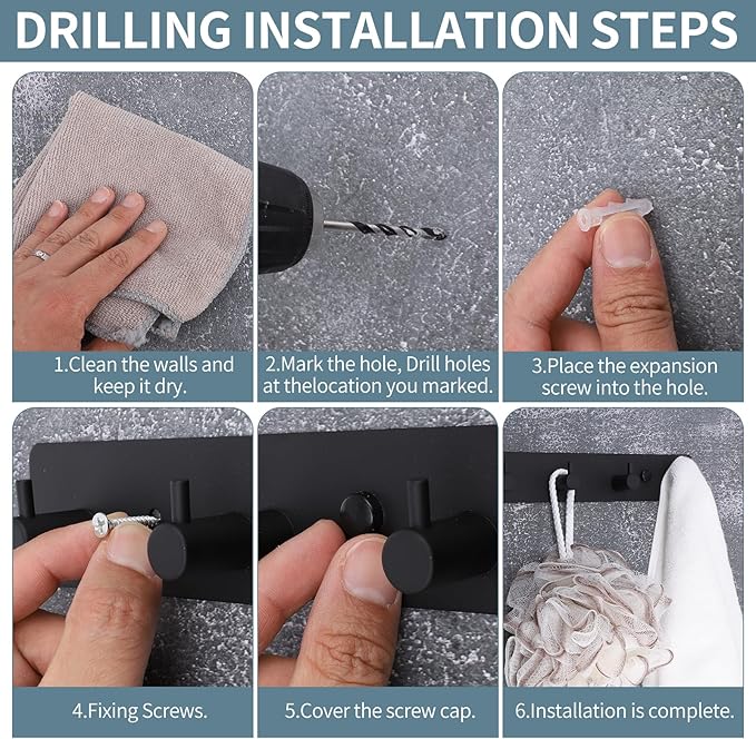 Coat Rack Wall Mount, Black Coat Hooks with 5 Hooks Heavy Duty Metal Towel Hook Rail Adhesive & Screw in Door Hooks Hanger Organizer Wall for Towels, Clothes, Hat-NeatNest