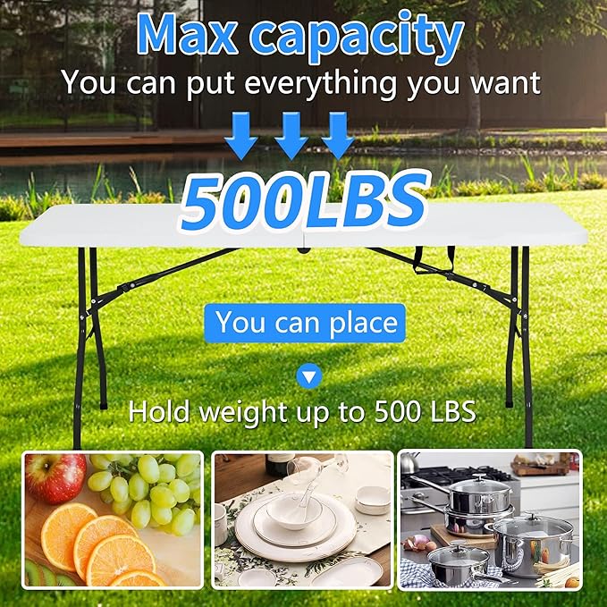 Camping Table Plastic Picnic Table Office Table for Parties Wedding Camping Office with Carrying Handle (White, 6 FT)-NeatNest