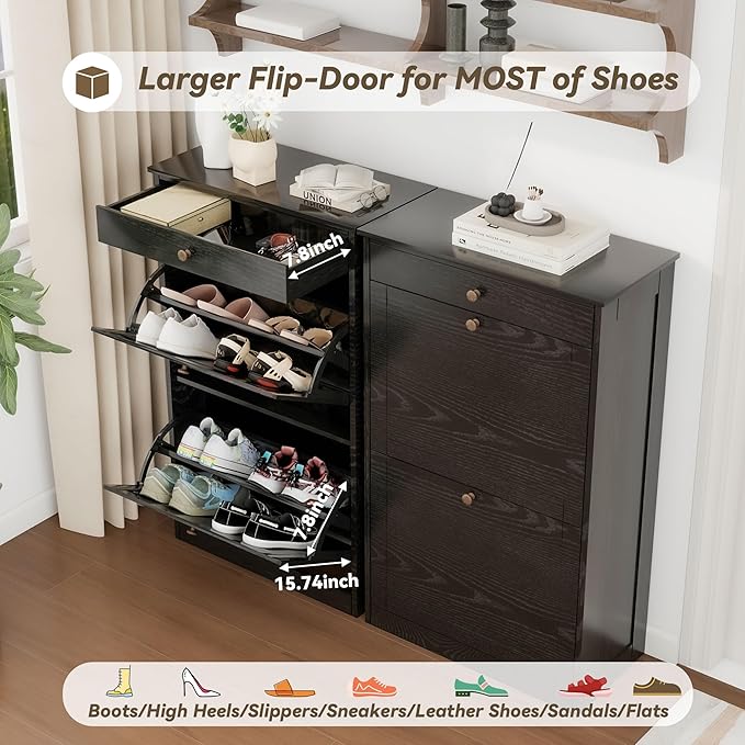Shoe Storage Cabinet with 2 Flip Doors Set of 2, Wooden Narrow Shoe Cabinet Organizer with Drawer, Freestanding Hidden Shoe Rack with Adjustable Shelf for entryway, Hallway, Living Room, Black-NeatNest
