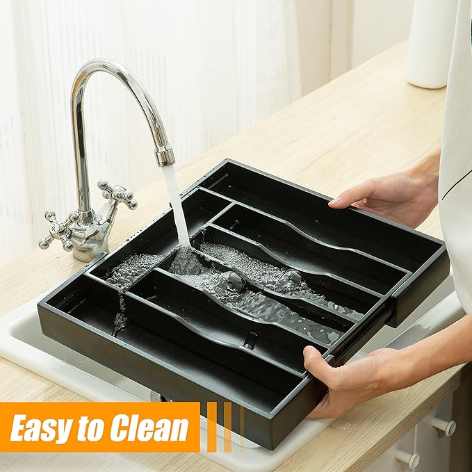 Bellsal Black Silverware Organizer Kitchen Drawer Organizer Expandable Bamboo Utensil Holder Cutlery Tray for Kitchen Utensil and Flatware Bedroom Office-NeatNest