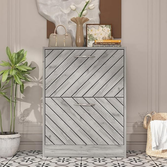 Shoe Cabinet with 2 Flip Drawers, Shoe Storage Organizer with 2-Tier Shelf for Entryway, Freestanding Shoe Rack Storage Organizer, Grey-NeatNest