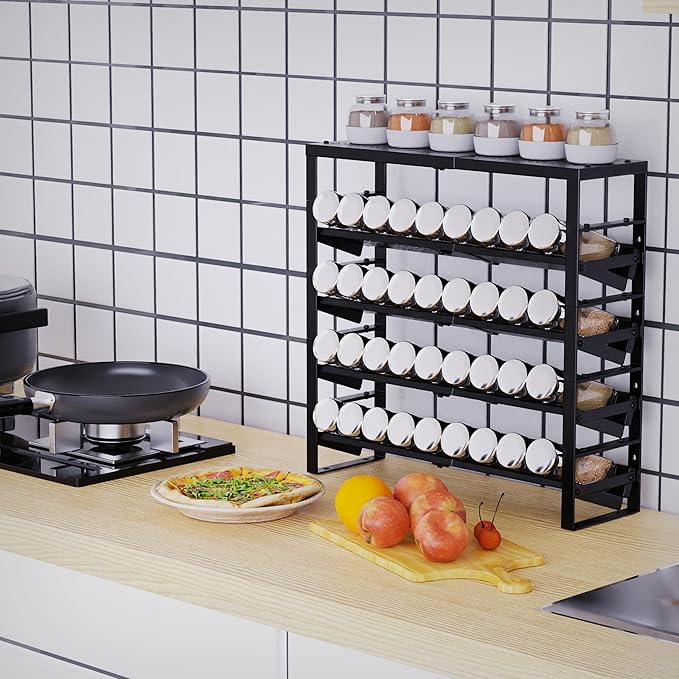 Expandable, Stackable, Adjustable Spice Rack Kitchen Organizer,Metal Pantry Storage Shelves - Multi-Tier Shelf for Cabinet, Countertop, Pantries, Cupboard or Wall Mount,Black-NeatNest