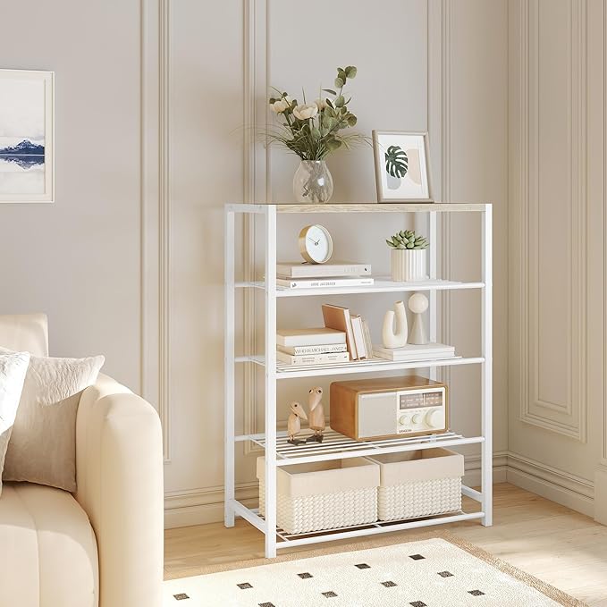 Yusong Shoe Rack Organizer, 5 Tier Industrial Shoe Storage Shelf, Narrow Sturdy Metal Shoe Shelves for Closet Entryway, White-NeatNest