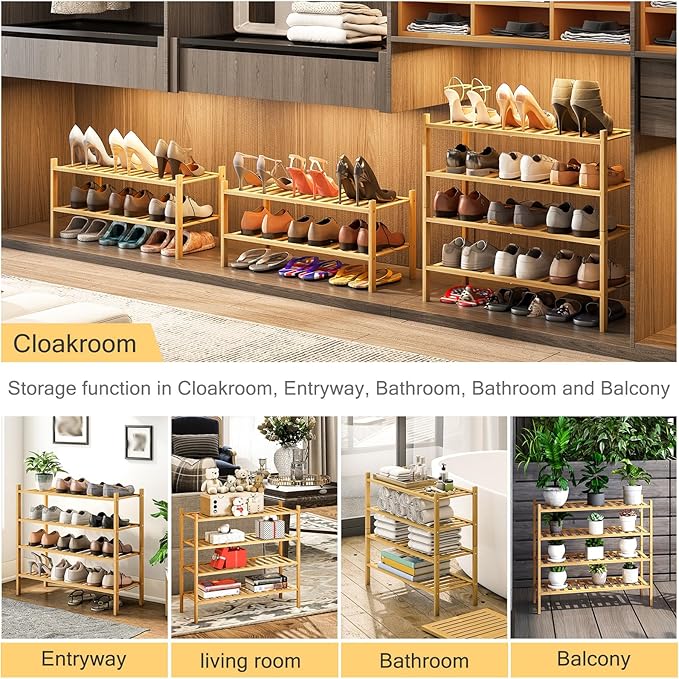 4-Tier Bamboo Shoe Rack for Entryway, Stackable | Heavy Duty | Multi-Function, Free Standing Shoe Racks for Bedroom Hallway Closet-NeatNest