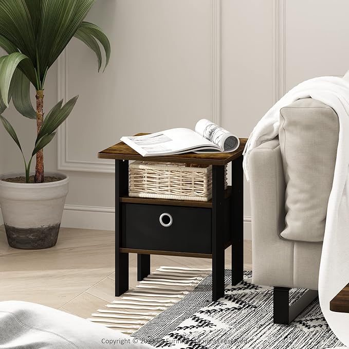 Furinno Andrey End Side Night Stand/Bedside Table with Bin Drawer, Amber Pine/Black