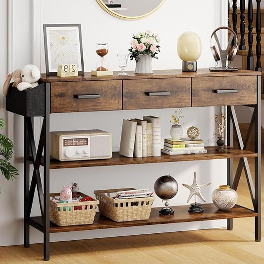 Gizoon 47" Entryway Table with 3 Drawers and 3 Tier Storage Shelves, Industrial Narrow Long Sofa Table, Farmhouse Style Console Table for Living Room, Hallway, Couch, Small Spaces - Rustic Brown-NeatNest