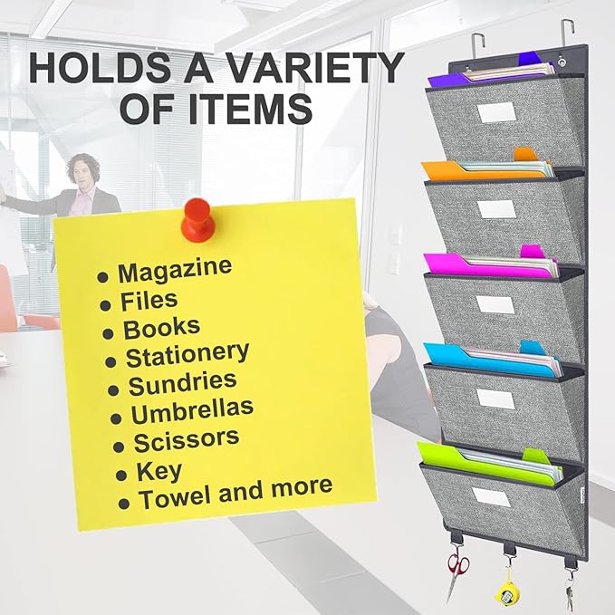 homyfort Over the Door Wall File Organizer, Hanging File Folders Organizer with 5 Large Pockets for Office and Back to School Supplies, Papers, Charts, Mails, Magazine Storage and Organization-NeatNest