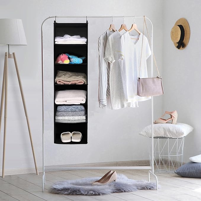 MAX Houser 6 Tier Shelf Hanging Closet Organizer, Closet Hanging Shelf with 2 Sturdy Hooks for Storage, Foldable (Black)-NeatNest
