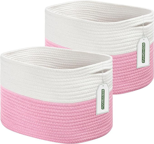 Cotton Rope Shelf Storage Basket, 15x10x9 in, Shelf Storage Baskets for Clothes, Toys, Towels, Books, Laundry (White/ Pink, 2 Pack)-NeatNest