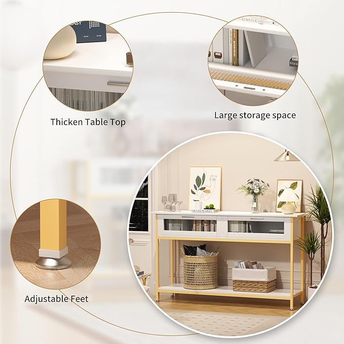 Aetheris 47" Console Table with 2 Drawers, 2 Tier Sofa Table with Storage,Entryway Table, Industrial Console Table for Entryway, Sofa Table Behind Couch for Living Room (White Gold)-NeatNest