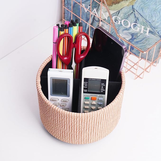 Hennaja Round Leather Art Supply Organizer,Remote Control Holder,360 Degree Spinning,Multi-Functional Pencil Holder,4 Compartments Desktop Stationary Organizer(1-Wood Apricot)-NeatNest