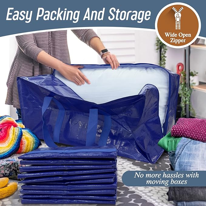 12 Pack Extra Heavy Duty Large Moving Bags with Strong Zipper & Comfortable Handles, Sturdy & Durable Clothes Storage Bags Totes Bins, Packing Moving Boxes for College Supplies, Blue-NeatNest