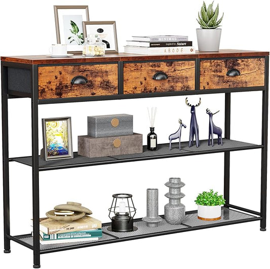Furologee Entryway Table, 38'' Console Sofa Table with 3 Fabric Drawers, Industrial Entry Way Table with Storage Shelves, Display Shelf for Living Room, Hallway, Entrance, Foyer, Rustic Brown-NeatNest