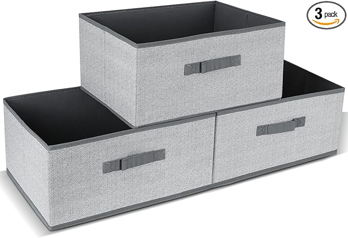 DAYARD Fabric Bins [3-Pack], Foldable Cube Baskets Storage Boxes for Shelves, Closet, Bookshelf, Nursery Organizer Containers, 16 x 11 x 8 inch Grey…-NeatNest