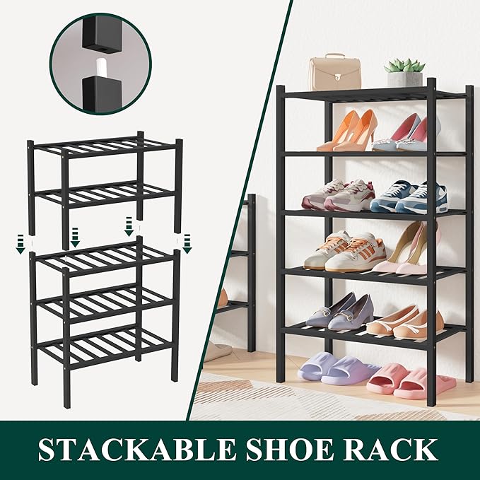 Smiry Bamboo Shoe Rack for Closet, 2 Tier Long Wooden Stackable Shoe Organizer, Free Standing Shoes Storage Shelf for Entryway, Front Door Entrance, Black-NeatNest