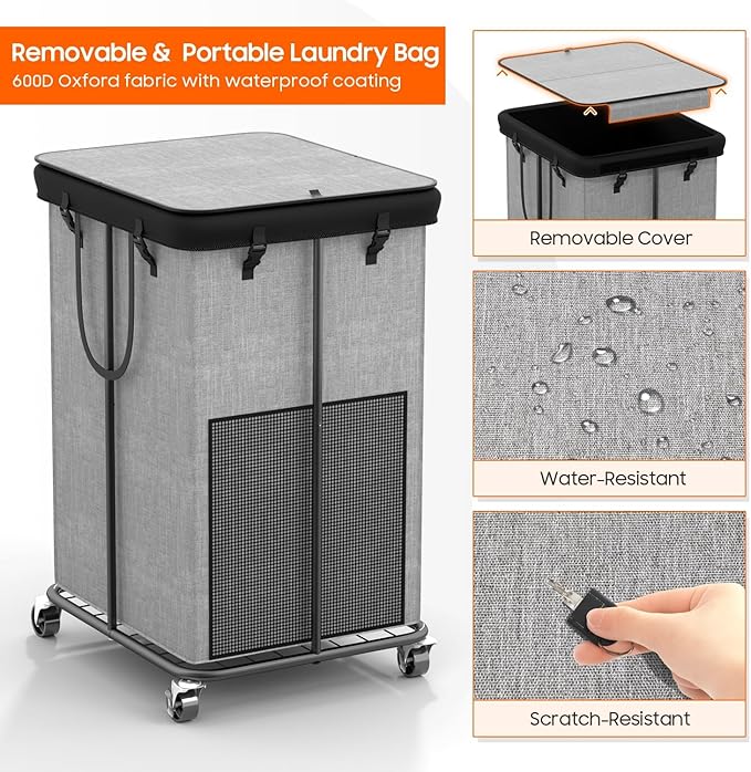 150l Laundry Hamper with Lid, Rolling Laundry Basket with Wheels, Large & Tall Dirty Clothes Hamper with Metal Frame and Removable Bag for Bedroom Aesthetic, Laundry Room, Bathroom, Dorm-Grey