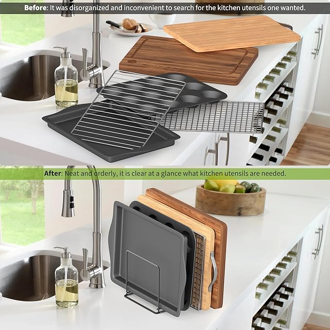Kitchen Organizer Rack - 4-Slot Heavy-Duty Holder for Cutting Boards,Cookware – Rust-Resistant, Space-Saving Design with Non-Slip Feet for Countertop and Cabinet Storage (2 Pack)