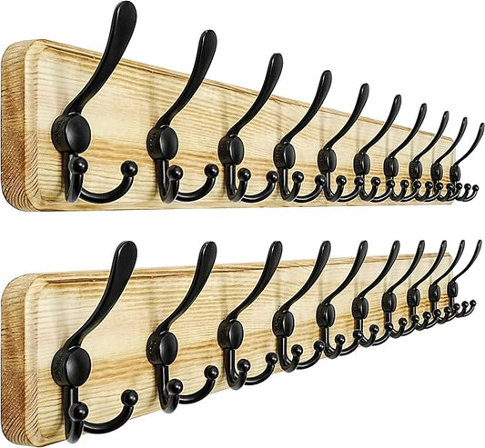 Dseap Coat Rack Wall Mount - 38-1/4" Long, Heavy-Duty, 10-tri-Hooks, Rustic Wooden Wall Coat Hanger Hook Rail for Winter Coats Hat Jacket Clothing, Light Brown & Black, Pack of 2