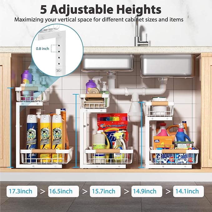Under Sink Organizer Storage 1 pack, 2 Tier Slide Out Height Adjustable Pull Out Cabinet Organizer Drawers, Kitchen Bathroom Large Capacity Metal Under Sink Rack Caddy Basket Shelves, White-NeatNest