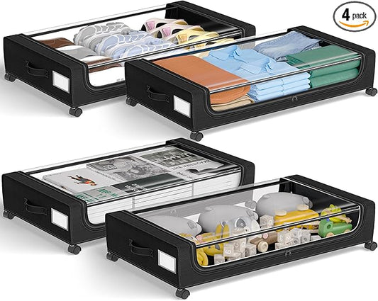 GoMaihe Under Bed Storage with Wheels: XXL Underbed Storage Containers with Clear Lids - Rolling Drawers & Bins for Shoes Clothes in Dorm Bedroom - Space-Saving Easy Pull-out Black 4-Pack-NeatNest