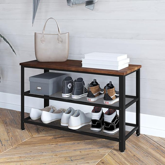 HBCY Creations Rustic Brown Solid Pine Wood 3-Tier Entryway Shoe Rack Bench with Metal Mesh Shelves, for Entryway, Mudroom, or Bedroom, and More!-NeatNest