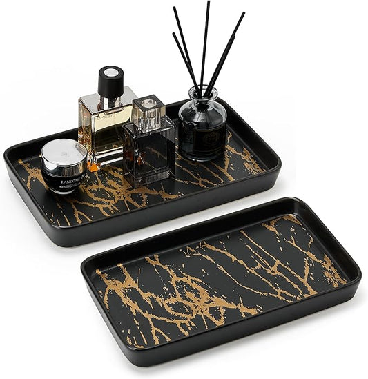 Bathroom Vanity Tray for Countertop,2PC Rectangle Marble Tray Set,Decorative Bathroom Organizer for Scrubber, Lotion Bottles, Perfume, Jewelry, Candle, Key Trinket Ring（Large,Black）-NeatNest