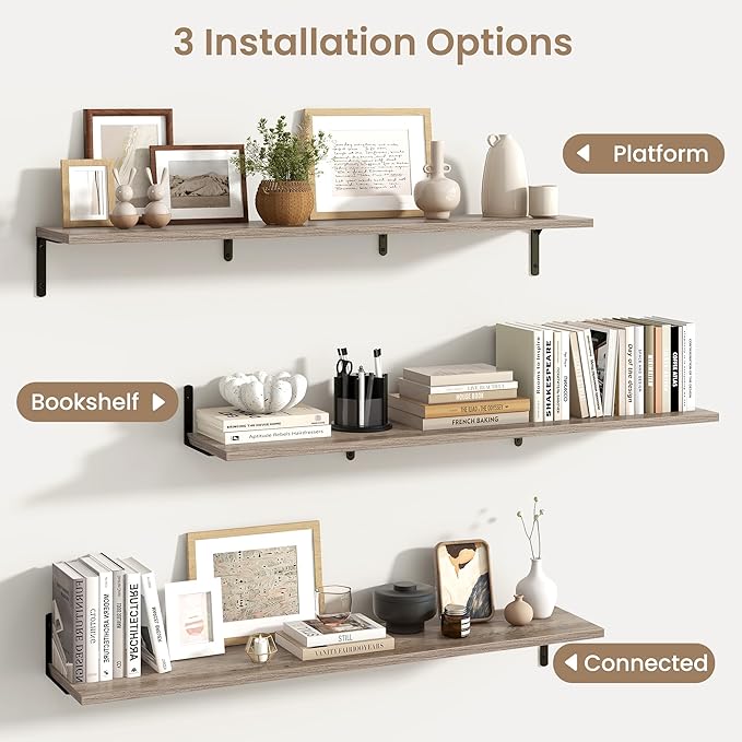 Fun Memories Deep Floating Shelves, 48W x 8D Floating Shelves Set of 2, Wall Mounted Shelf with Metal Brackets, Rustic Wood Wall Shelf for Bathroom, Kitchen and Living Room, Grey-NeatNest