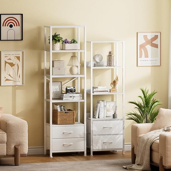 Furnulem 5-Tier Corner Shelf, Narrow Bookshelf with 2 Storage Drawers, Tall Bookcase, Wood Display Standing Shelf Organizer Unit for Living Room, Bedroom, Metal Frame(White)