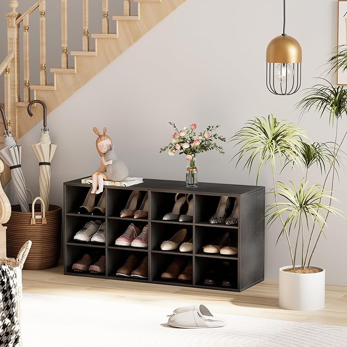 Garden 4 you Shoe Storage Bench, Cubby Shoe Rack with 12 Cubbies, 3-Tier Wood Shoe Rack Organizer, Shoe Organizer Cabinet for Entryway, Hallway, Closet and Garage, Black-NeatNest