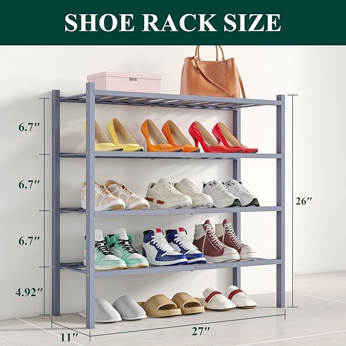 Smiry Shoe Rack, 4 Tier Bamboo Shoe Organizer, Stackable Free Standing Wooden Shoe Storage Shelf for Closet, Entryway, Front Door Entrance, Grey-NeatNest