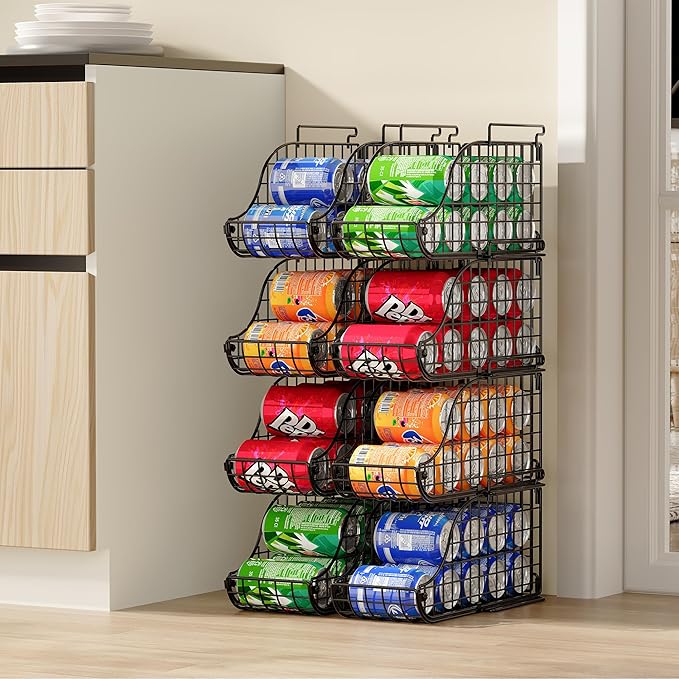 8-Pack Can Organizer for Pantry, Stackable Cabinet Soda Shelves for Fridge, Wire Cupboard Storage, Holds up to 72 Beers,Small Metal Bin for Drink Beverage Egg Gillas, Rack for Kitchen Countertops RV
