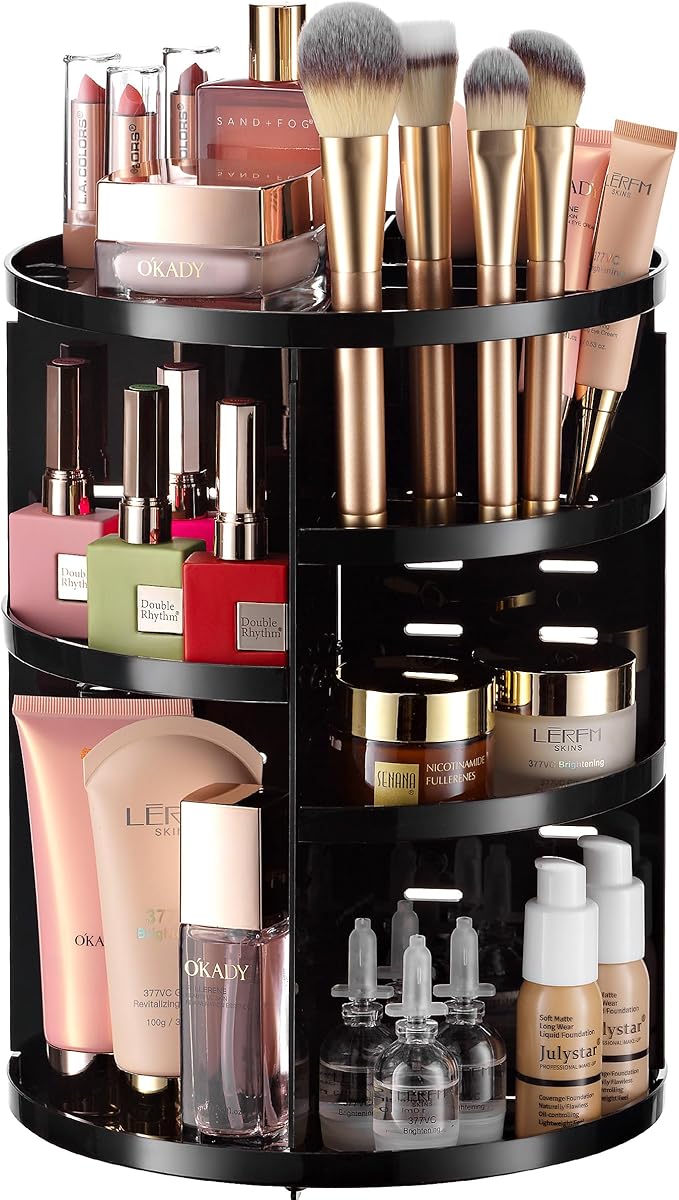360 Rotating Makeup Organizer - Adjustable Shelf Height and Fully Rotatable. The Perfect Cosmetic Organizer for Bedroom Dresser or Vanity Countertop. (Black)-NeatNest