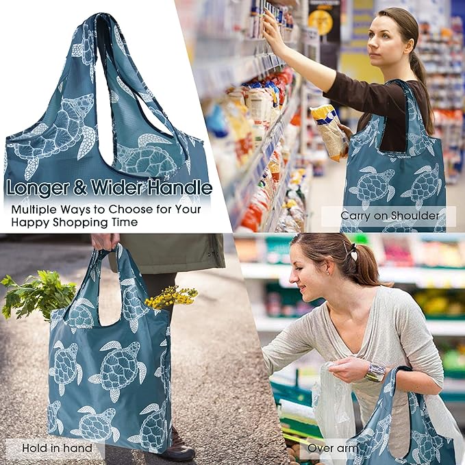 BeeGreen Turtle Gifts Reusable Grocery Bags - Large 6 Pack Tote with Handles Foldable & Machine Washable Polyester - Shopping Baskets with Pouch for Women (Collapsible Animal Design Gift)-NeatNest
