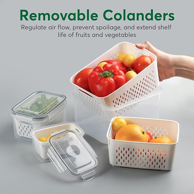 5 Set Fruit Storage Containers for Fridge with Colanders Dishwasher Safe, Leakproof Fruit and Vegetable Storage BPA-Free Plastic, Produce Storage Keep Berry Fruit Veggie Meat Fresh