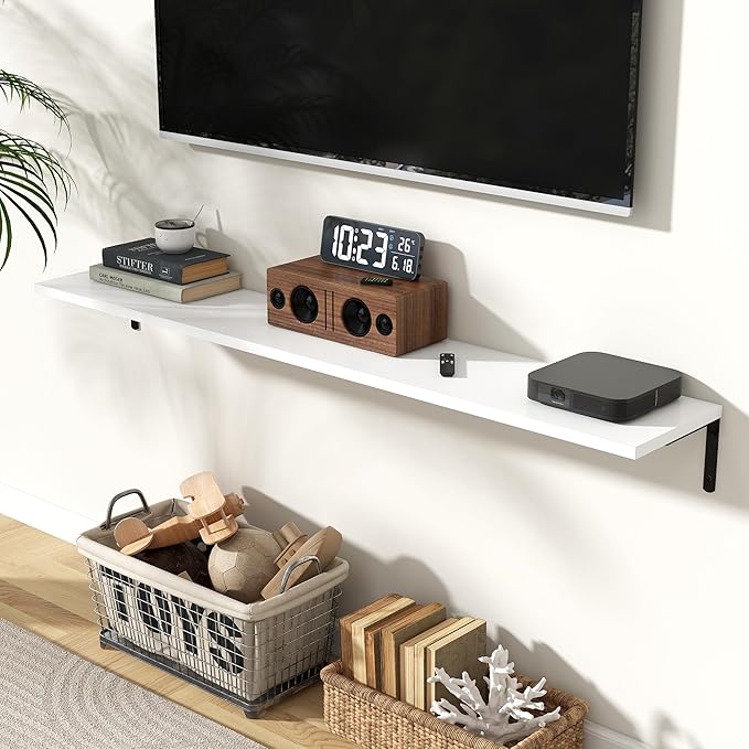 Fun Memories Deep Floating Shelves, 55W x 8D Floating Shelves Set of 2, Wall Mounted Shelf with Metal Brackets, Rustic Wood Wall Shelf for Bathroom, Kitchen and Living Room, White-NeatNest