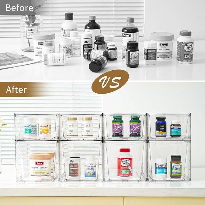 4Pack Stackable Kitchen Storage Organizer, Pantry Organizers and Storage, Clear Foods Organizer Bins with Handles, Easily Assemble for Bathroom, Kitchen, Pantry, Cabinet, Closet-NeatNest