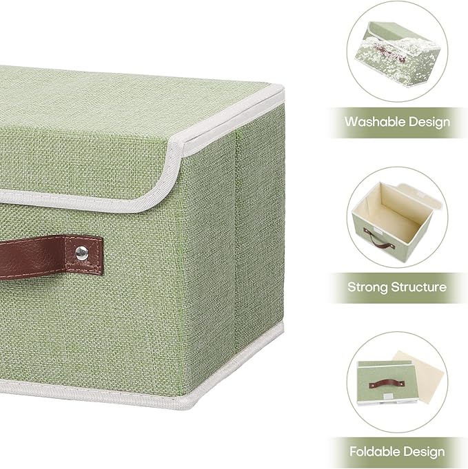 ANMINY 4PCS Storage Bins with Lid PU Leather Handles Storage Boxes PP Plastic Board Decorative Foldable Lidded Cotton Linen Fabric Home Cubes Baskets Closet Organizer Containers - Green, Small Size-NeatNest