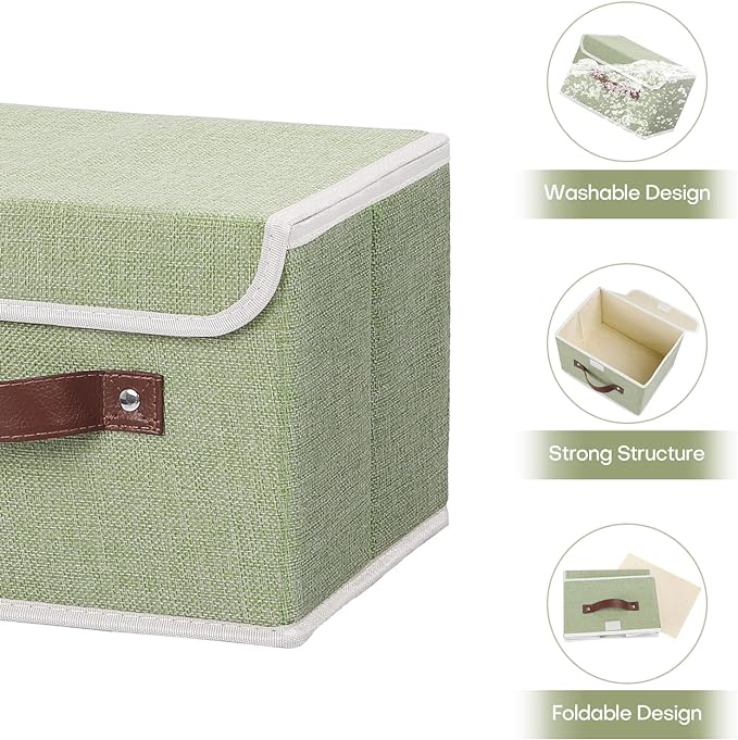 ANMINY 2PCS Storage Bins with Lid PU Leather Handles Storage Boxes PP Plastic Board Decorative Foldable Lidded Cotton Linen Fabric Home Cubes Baskets Closet Organizer Containers - Green, Small Size-NeatNest
