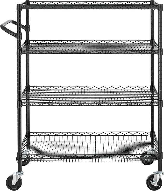 Finnhomy 4 Tier Heavy Duty Commercial Grade Rolling Cart with Handle Bar, Metal Wire Utility Cart with Wheels, Service Trolley on Wheels, Shelf Size 18" D x 36" W, NSF, Black