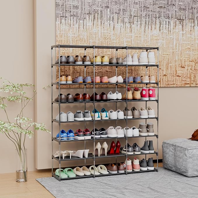 Large Shoe Rack 3 Row 8 Tier 40-60 Pairs Shoes Boots with Plastic Plate Home Sturdy Storage Organizer Shelf for Garage Entryway Hallway Front Doorway-NeatNest