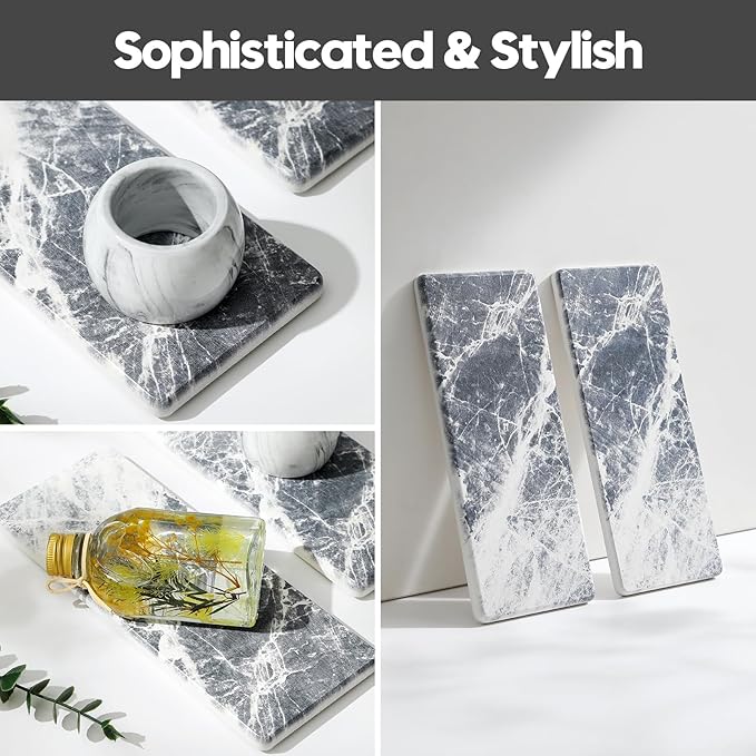 2PCS Bathroom Sink Vanity Trays, Water Absorbing Diatomite Stone Quick Drying Mat for Kitchen Counter, Dish Rack Dispenser Sponge Holder Caddy Organizer, Marble Crack, 9"x3.5"-NeatNest