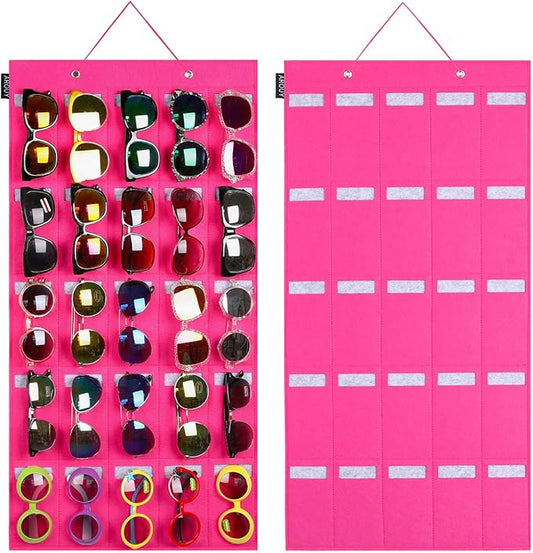 AROUY Sunglasses Organizer - Hanging Wall Pocket with 25 Felt Slots - Sturdy Rope (Large, Rose)-NeatNest