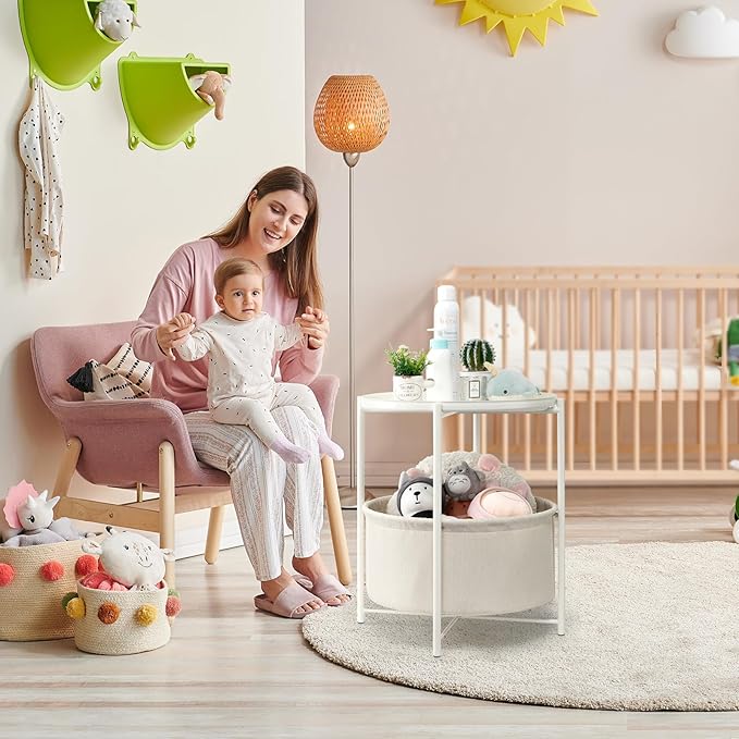 danpinera Round Side Table with Fabric Storage Basket, Metal Side Table Small Bedside Nightstand with Removable Tray Top for Living Room, Bedroom, Nursery, Laundry, White-NeatNest