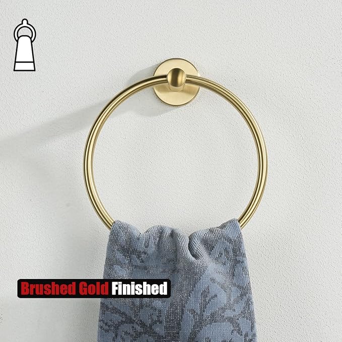 JQK Towel Ring Brass Gold, 304 Stainless Steel Hand Towel Holder for Bathroom, Brushed Gold Wall Mount, TR130-BG