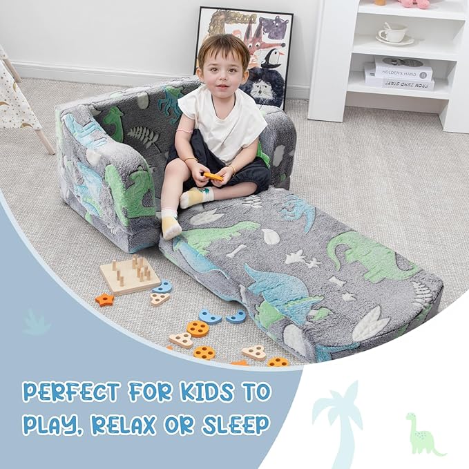 Comfy Toddler Chair and Couch for Kids with Blanket,2-in-1 Soft Plush Fold Out Toddler Couch for Girls and Boys,Convertible Sofa to Lounger for Playroom,Gray Dinosaur-NeatNest