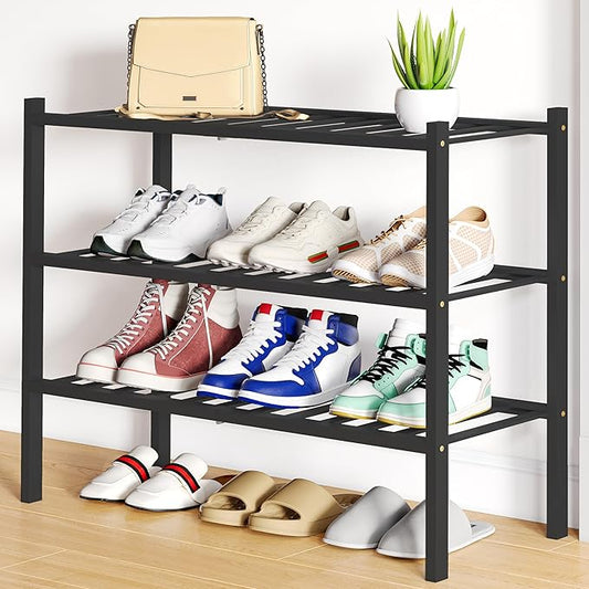 Smiry Shoe Rack, 3 Tier Bamboo Shoe Organizer, Stackable Free Standing Wooden Shoe Storage Shelf for Closet, Entryway, Front Door Entrance, Black-NeatNest