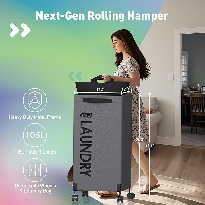Caroeas Next-Gen 105L Matel Frame Laundry Basket with wheels, Clothes Hamper For Laundry Room (105L,Grey,2Pack)