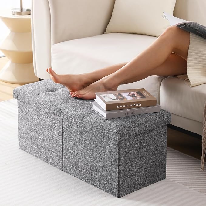 CUYOCA Storage Ottoman Bench Foldable Seat Footrest Shoe Bench End of Bed Storage with Flipping Lid, 75L Storage Space, 30 inches Linen Fabric Dark Grey-NeatNest
