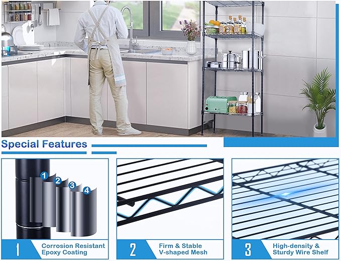 4-Tier Metal Wire Shelving Unit Kitchen Shelf Organizer Height Adjustable Storage Rack Utility Snack Shelf, NSF Certified Storage Shelves for Laundry Bathroom Kitchen Pantry Organization-NeatNest